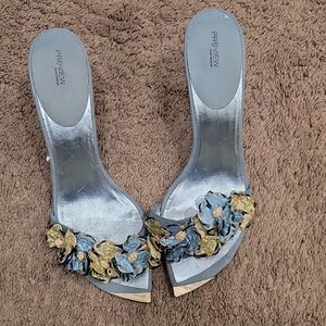 Preview Collection Blue and Gold Heels with Floral Embellishments